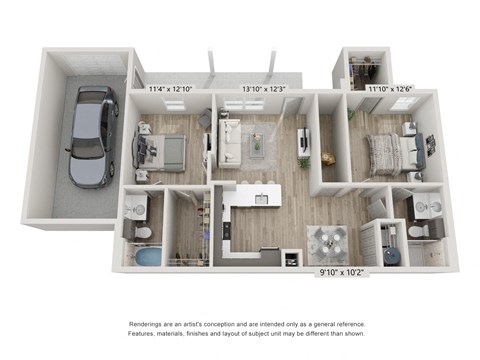 Floor plan for 2 beds, 2 baths, 1045 sqft